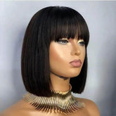 Blunt Cut Cute Bangs Look Natural Black Straight Bob Lace Frontal Wig